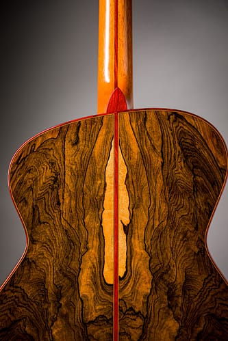 ziricote asymmetric handmade guitar back padauk binding satinwood veneer sapwood french polished